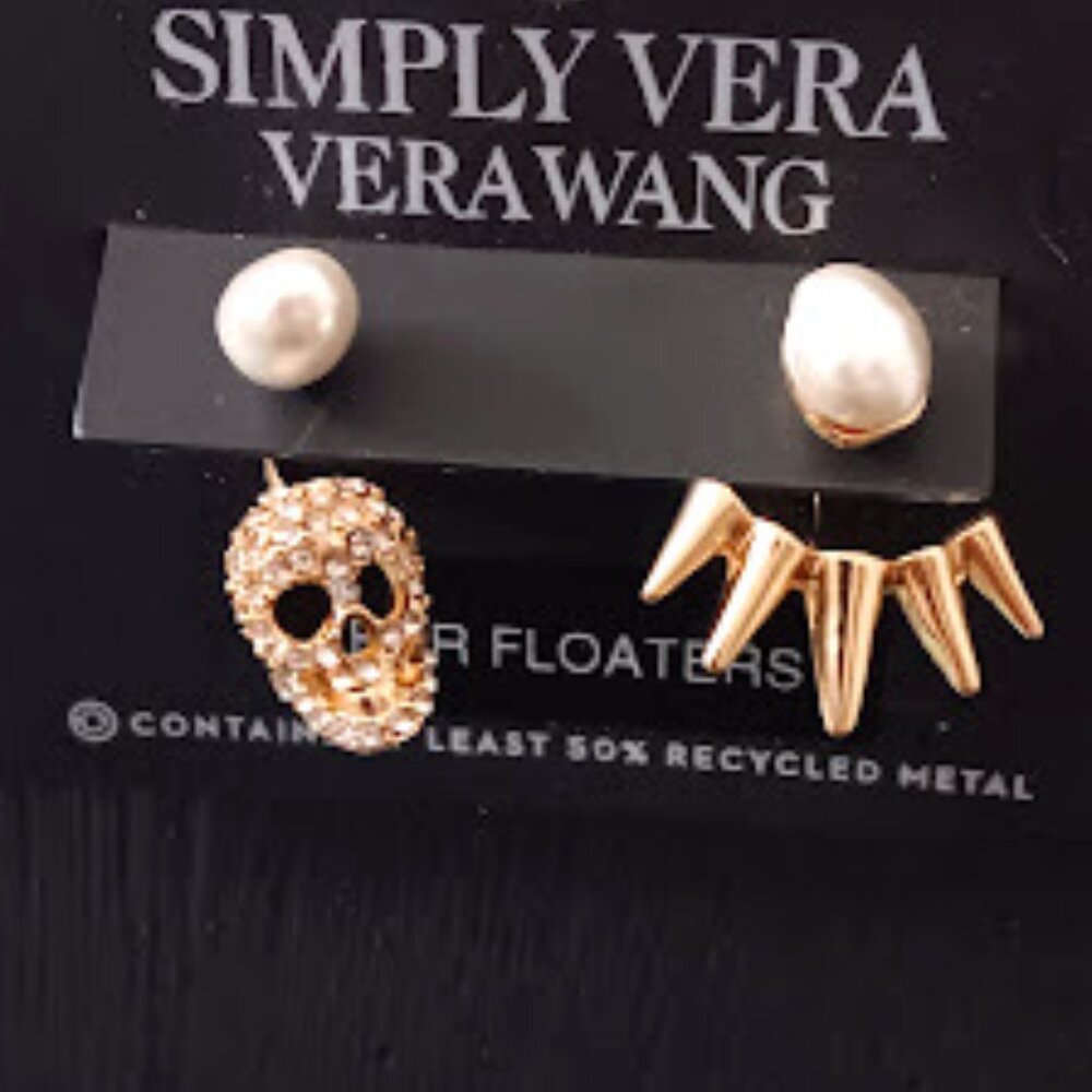 VERA WANG Goth Halloween Gold Skull Head Spikes White Pearl Front Back Earrings - Picture 3 of 4